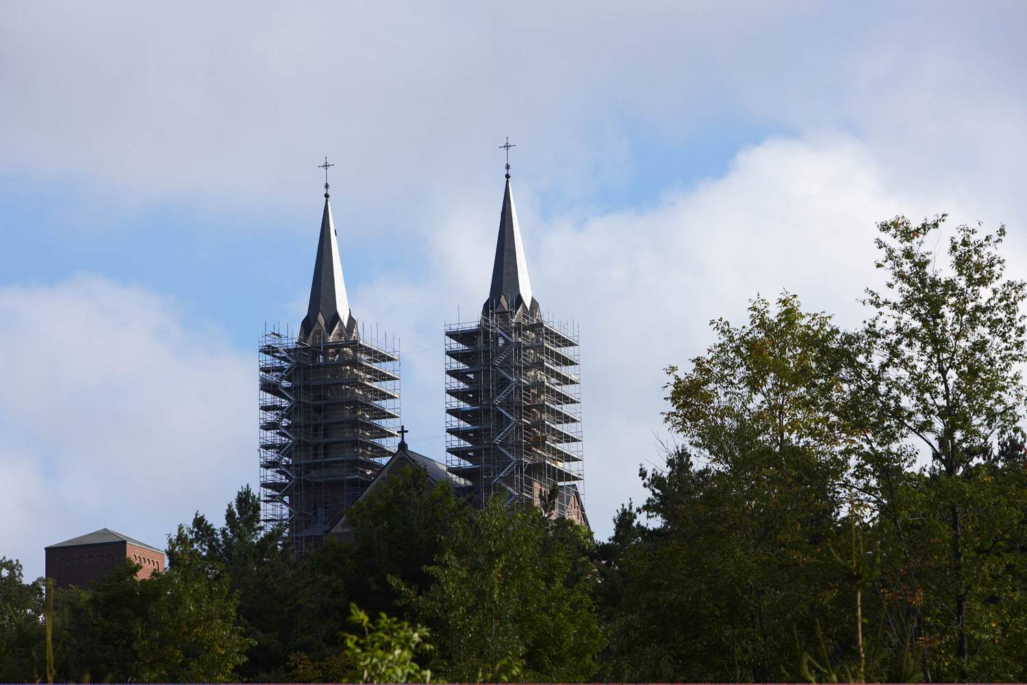 Holy Hill stone restoration - Towers from lower parking